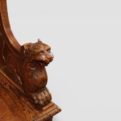 fig 1. Victorian Carved Oak Box Settle with Lion Arm Supports