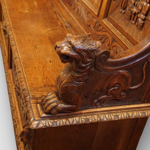fig 4. Victorian Carved Oak Box Settle with Lion Arm Supports