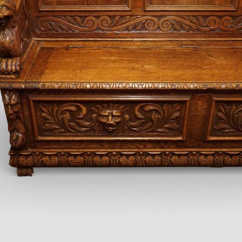 fig 5. Victorian Carved Oak Box Settle with Lion Arm Supports