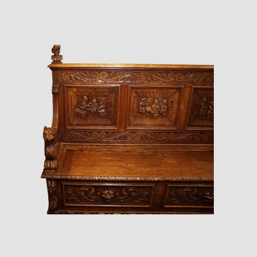 fig 7. Victorian Carved Oak Box Settle with Lion Arm Supports