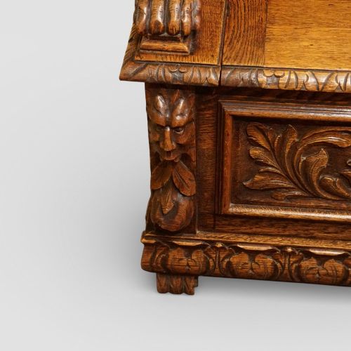 fig 8. Victorian Carved Oak Box Settle with Lion Arm Supports