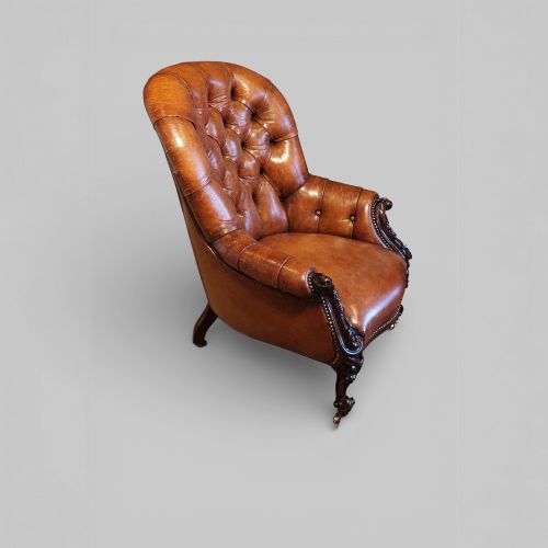 fig 1. Pair of Victorian Button Back Leather Reading Chairs with Rosewood Arms & Legs