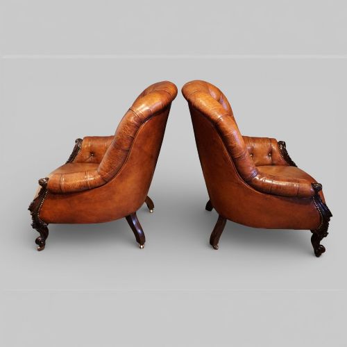 fig 6. Pair of Victorian Button Back Leather Reading Chairs with Rosewood Arms & Legs
