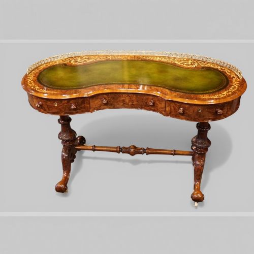 Victorian Inlaid Burr Walnut Kidney Desk