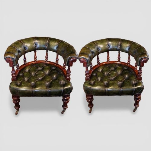Pair of Victorian Green Leather Deep Buttoned Tub Chairs