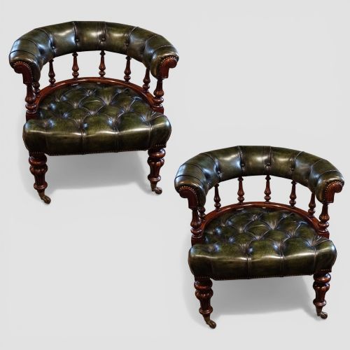 fig 8. Pair of Victorian Green Leather Deep Buttoned Tub Chairs