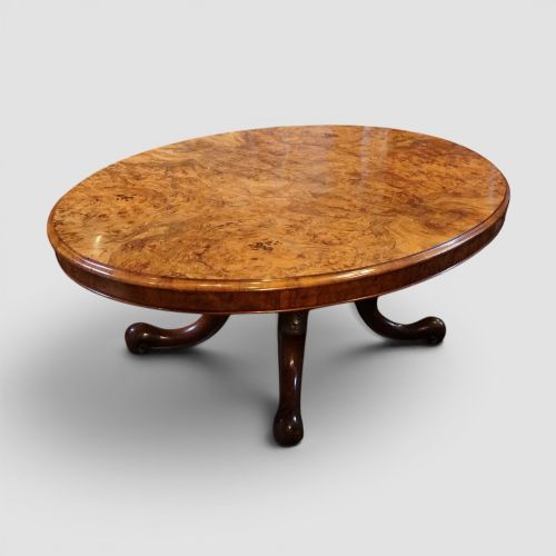 VICTORIAN LARGE OVAL BURR WALNUT COFFEE TABLE