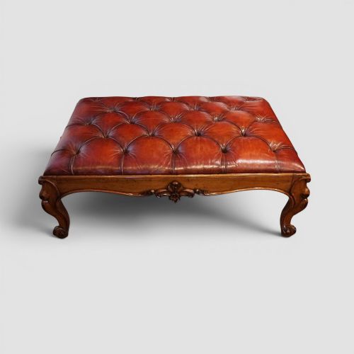 LARGE VICTORIAN WALNUT BUTTONED RED LEATHER STOOL COFFEE TABLE ANTIQUE HANDDYED ENGLISH LEATHER - ADDITIONAL PHOTO 1