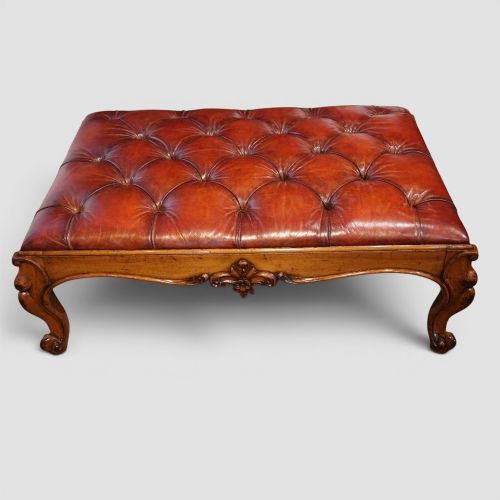 LARGE VICTORIAN WALNUT BUTTONED RED LEATHER STOOL COFFEE TABLE ANTIQUE HANDDYED ENGLISH LEATHER - ADDITIONAL PHOTO 6
