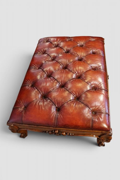 LARGE VICTORIAN WALNUT BUTTONED RED LEATHER STOOL COFFEE TABLE ANTIQUE HANDDYED ENGLISH LEATHER - ADDITIONAL PHOTO 7