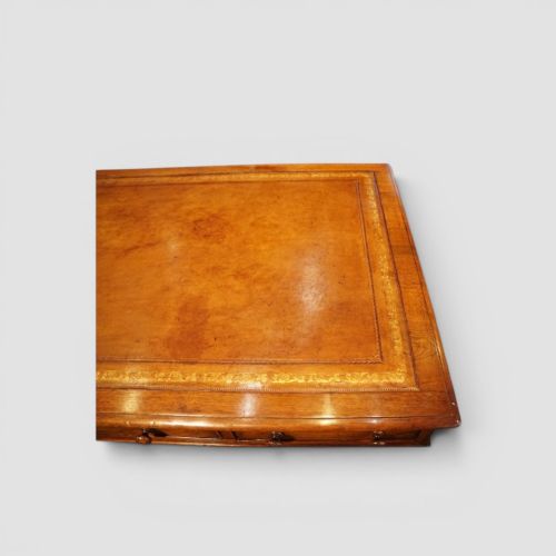 fig 1. A Victorian mahogany partners desk featuring a tooled leather writing surface, twin pedestals, and an eleven-drawer front configuration with turned wooden knobs.