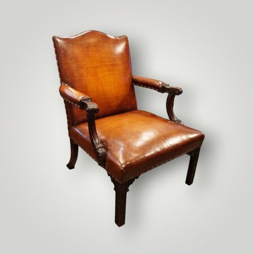 Large Georgian Gainsborough Armchair in Hand-dyed English Hide Leather – Mahogany with Chippendale Blind Carving