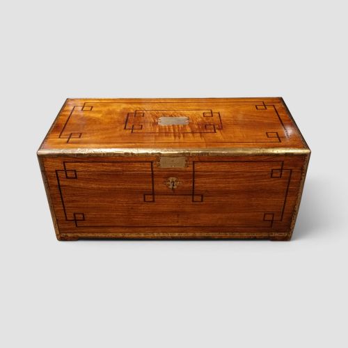 Victorian Camphor Wood Campaign Chest with Rare Bell Lock – 19th‑century Military Trunk