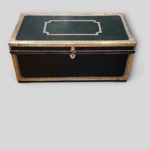 Regency Green Leather Brass‑bound Trunk – Antique Brass‑studded Chest C.1810