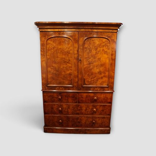 Victorian Burr Walnut Linen Press – 19th Century Storage Cabinet with Drawers