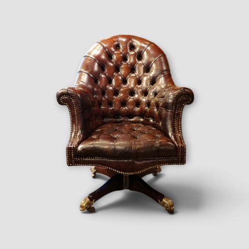 Captains Buttoned Leather Desk Chair with Cast Brass Castors