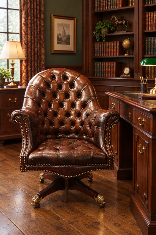 fig 5. A deep buttoned brown leather captains desk chair with brass studding trim and a dark mahogany swivel base on castors.
