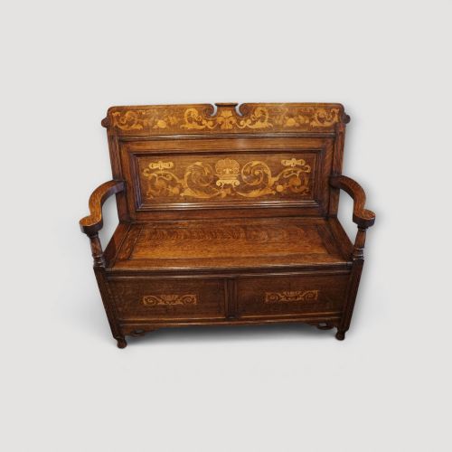 Art Nouveau Inlaid Oak Settle – Inlaid Decorative Bench with Storage