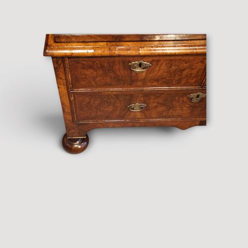 fig 1. An antique Queen Anne walnut chest-on-chest in two sections featuring a multi-drawer configuration, figured grain patterns, brass drop handles, and bun feet.
