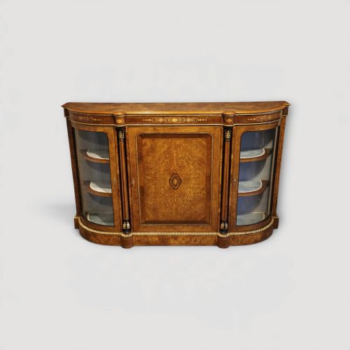 Victorian Walnut Burr Inlaid Credenza Sideboard with Curved Glass Display Cabinets, 165cm