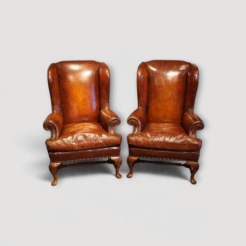 Pair of Queen Anne Style Leather Wingback Chairs in Walnut with Cabriole Legs