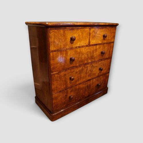 fig 1. A Victorian burr walnut chest of drawers featuring two short drawers over three long drawers with turned walnut knobs and a plinth base.