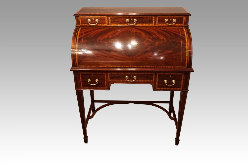 Edwardian inlaid mahogany cylinder desk