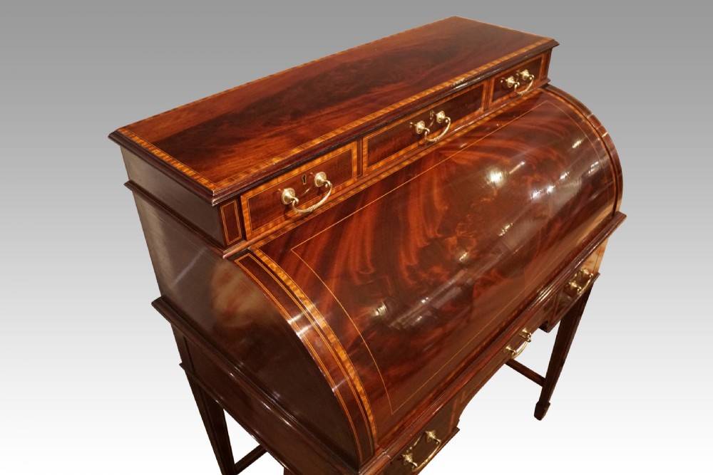 Edwardian inlaid mahogany cylinder desk View II