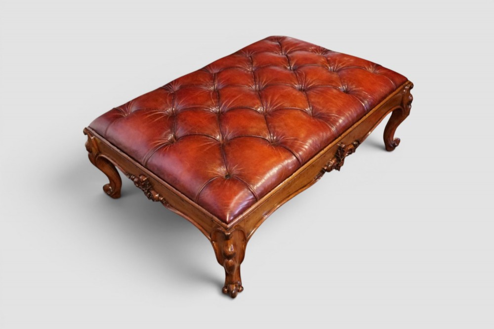 Large Victorian Walnut Buttoned Red Leather Stool / Coffee Table – Antique Hand-Dyed English Leather