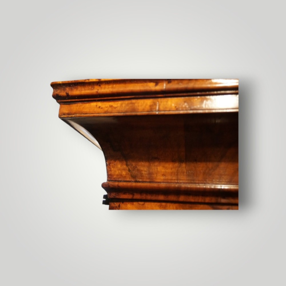 A George I walnut bureau bookcase featuring glazed upper doors housing books, a slant-front writing flap, and lower drawers with brass drop handles. View X
