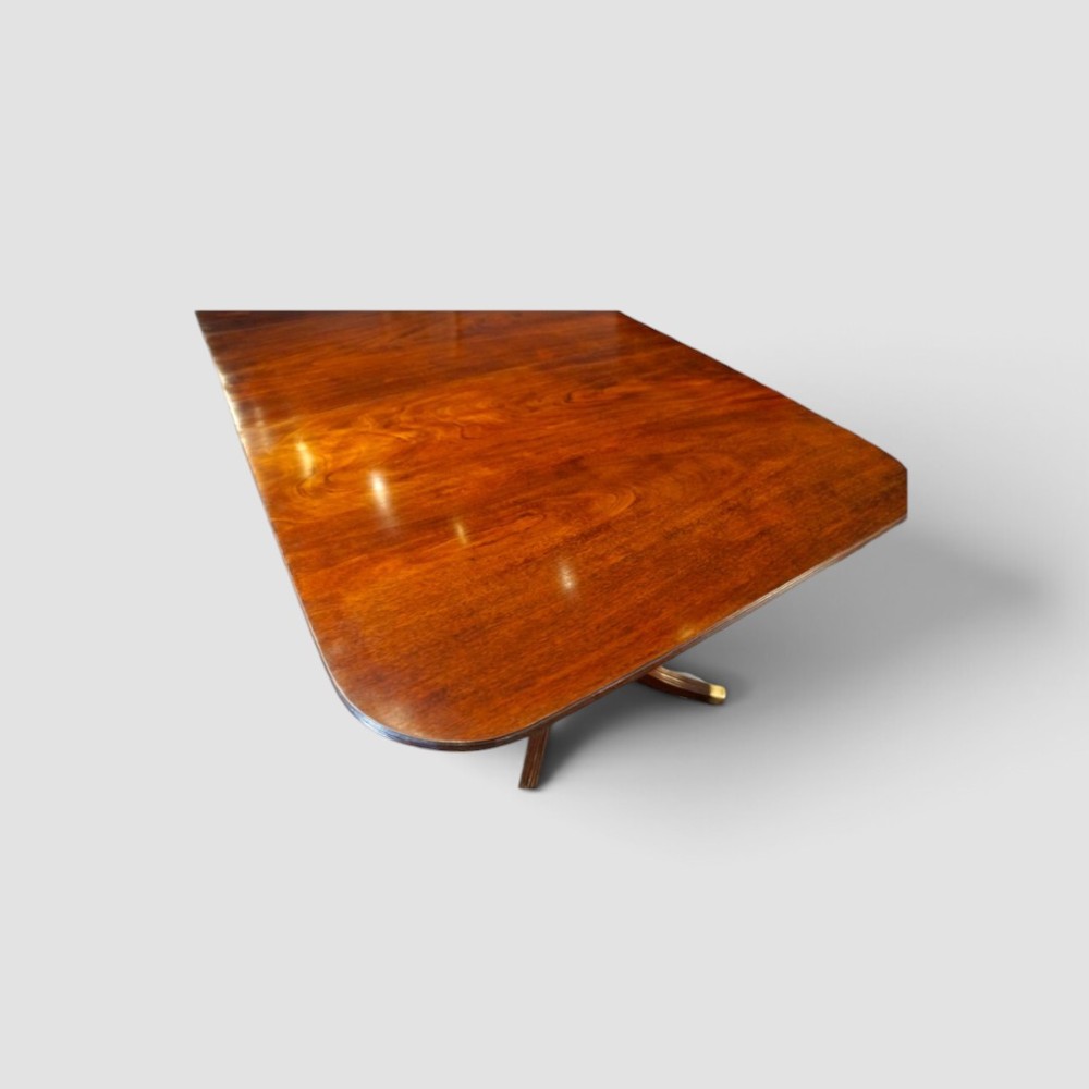 A polished mahogany twin pillar dining table featuring rounded corners, two turned central pedestals, and splayed legs resting on brass castors. View X