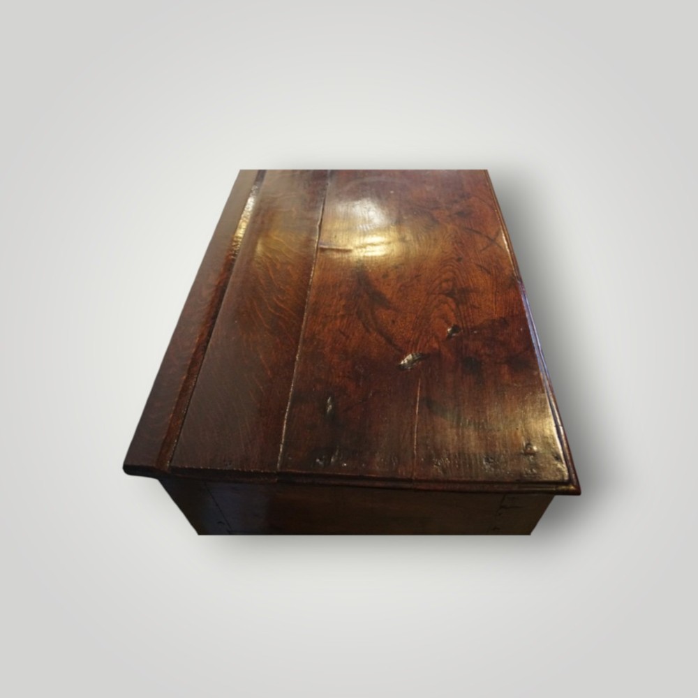 A Georgian oak dresser base featuring two wide drawers with decorative brass handles and four cabriole legs with pad feet. View V