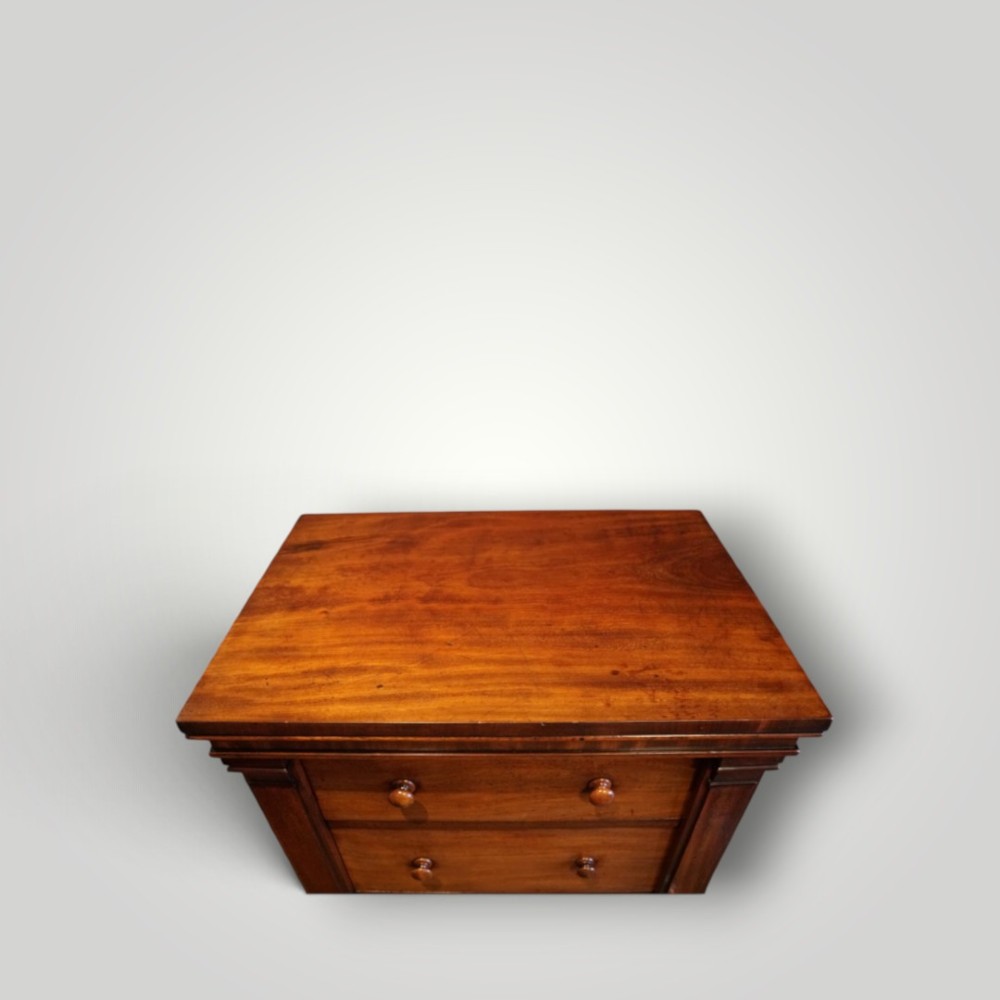 A Victorian warm brown mahogany Wellington chest featuring four stacked drawers with turned wooden handles and a side locking bar. View VIII