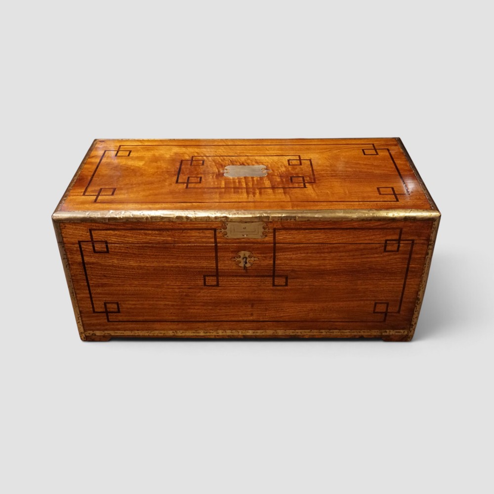 Victorian Camphor Wood Campaign Chest with Rare Bell Lock – 19th‑Century Military Trunk
