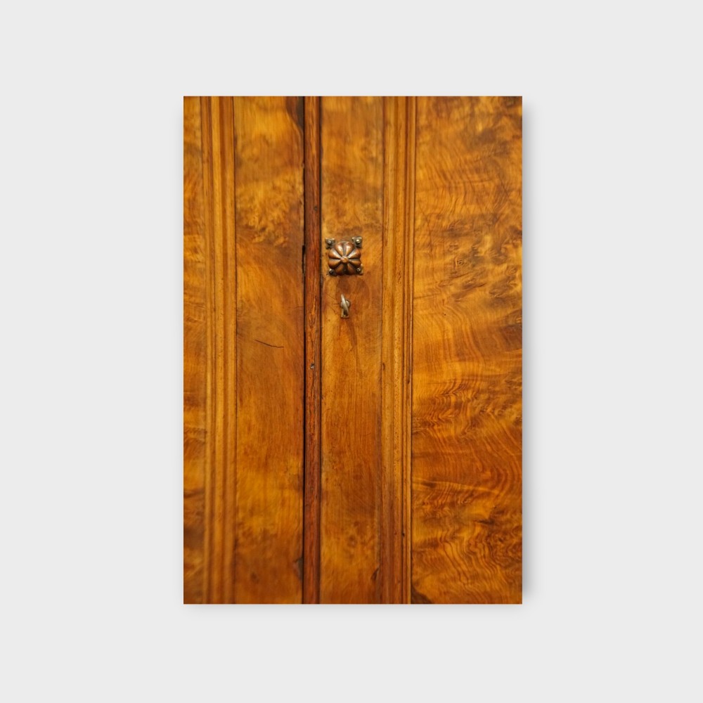 A 19th-century Victorian burr walnut linen press featuring an upper cabinet with arched panel doors over a chest of four drawers with turned wooden knobs. View VIII