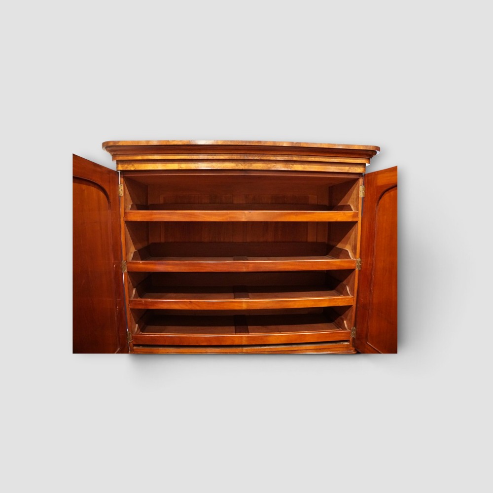 A 19th-century Victorian burr walnut linen press featuring an upper cabinet with arched panel doors over a chest of four drawers with turned wooden knobs. View XI