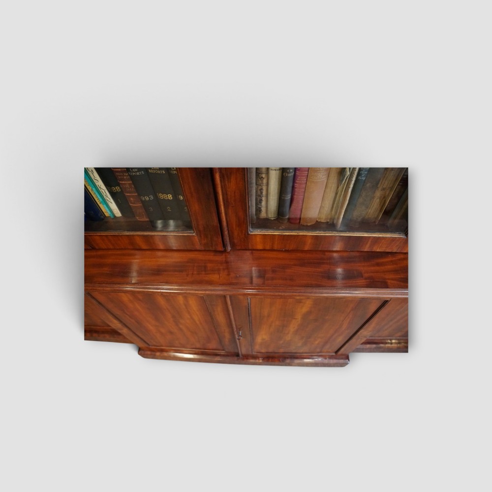 A 19th-century mahogany breakfront bookcase featuring glazed upper doors filled with books above solid panelled cupboard doors. View VIII