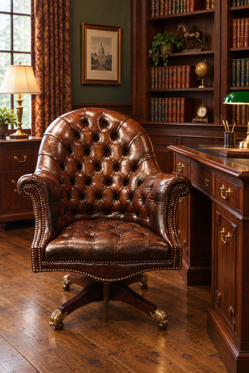 A deep buttoned brown leather captains desk chair with brass studding trim and a dark mahogany swivel base on castors. View VI
