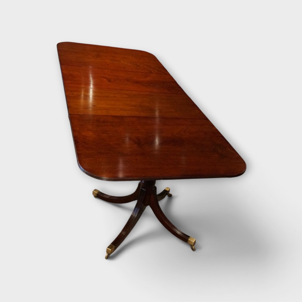 A Georgian style dark mahogany dining table featuring an extendable top, twin turned pedestal pillars, and splayed quadruped legs with brass toe caps. View V