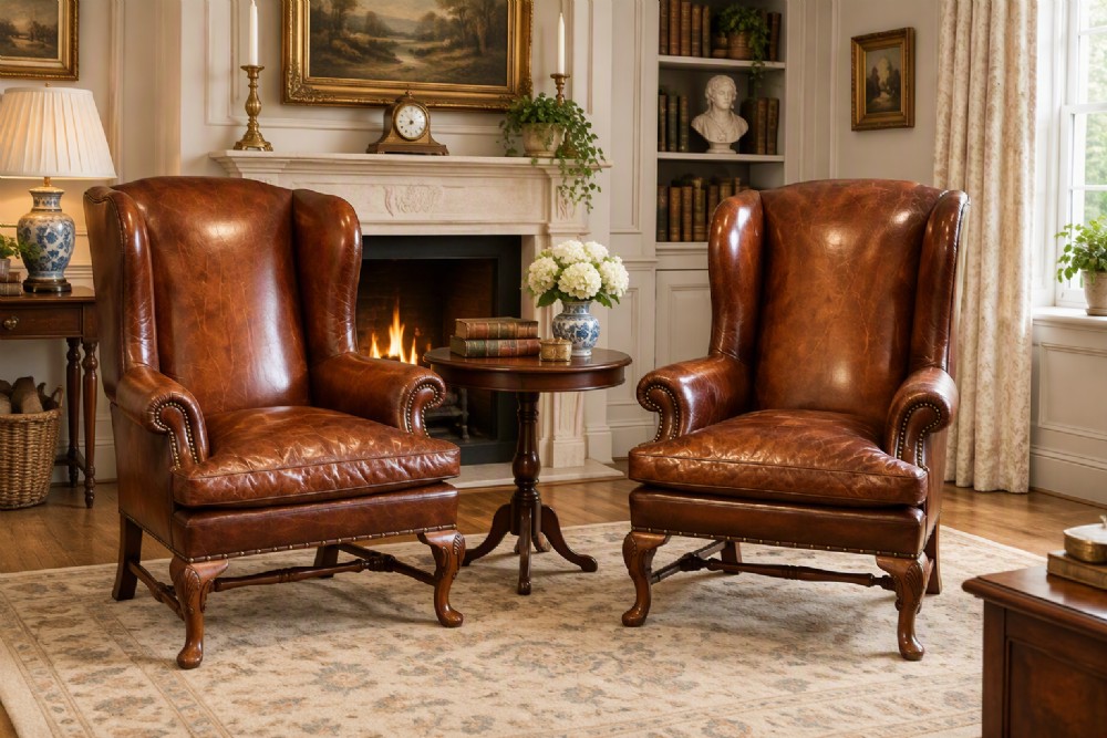 A pair of brown leather Queen Anne style wingback armchairs featuring deep seat cushions, brass stud detailing, and carved walnut cabriole legs. View VII