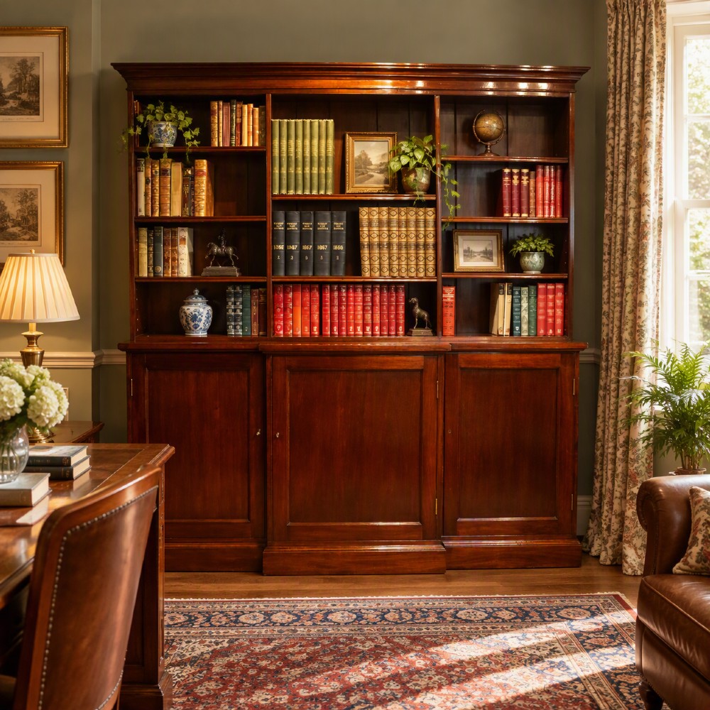 An Edwardian mahogany breakfront bookcase featuring an open upper shelving section filled with books and an enclosed lower cupboard base. View XIV