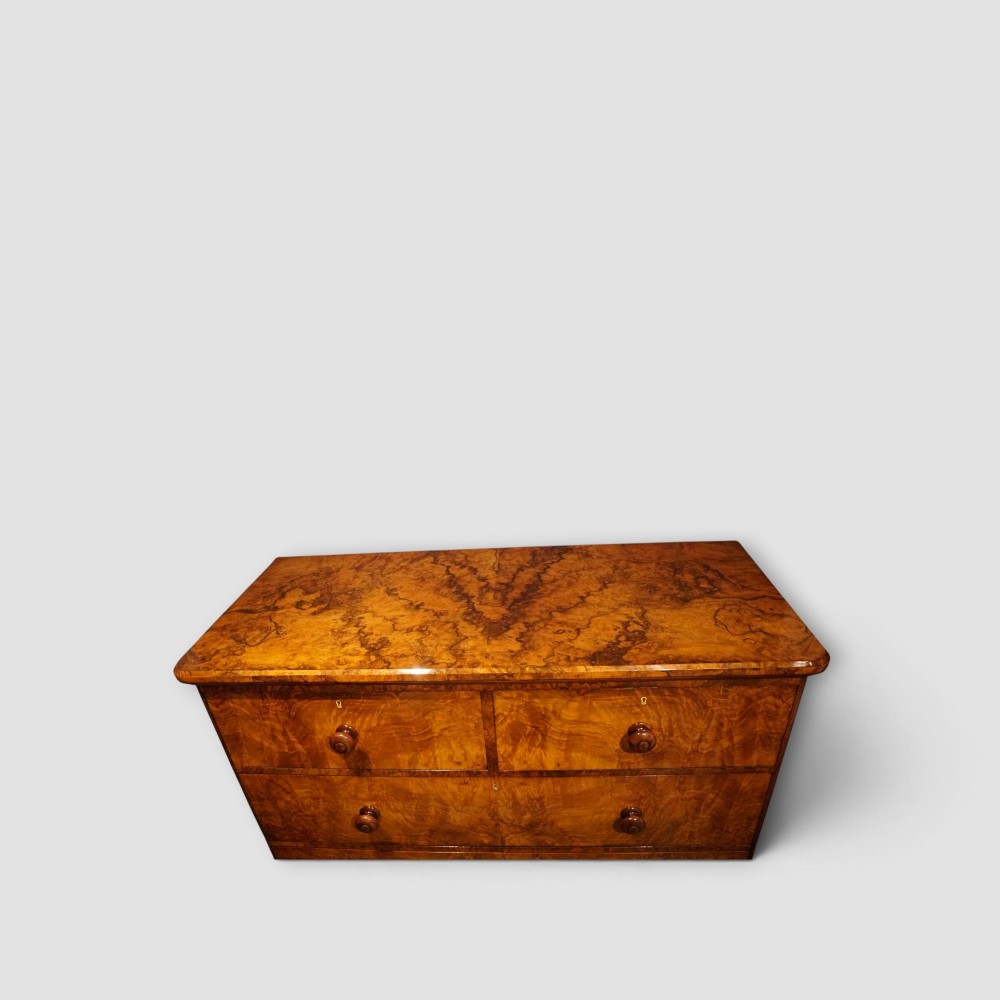 A Victorian burr walnut chest of drawers featuring two short drawers over three long drawers with turned walnut knobs and a plinth base. View III