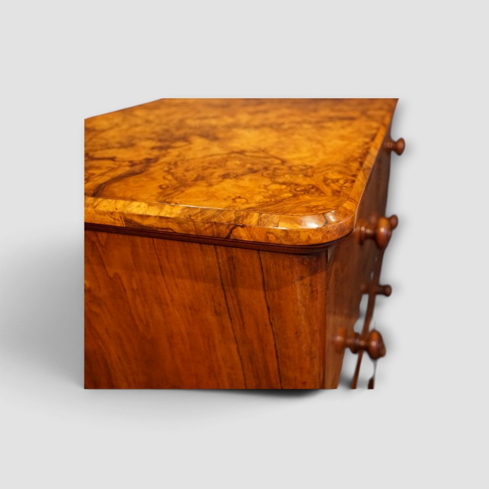 A Victorian burr walnut chest of drawers featuring two short drawers over three long drawers with turned walnut knobs and a plinth base. View V
