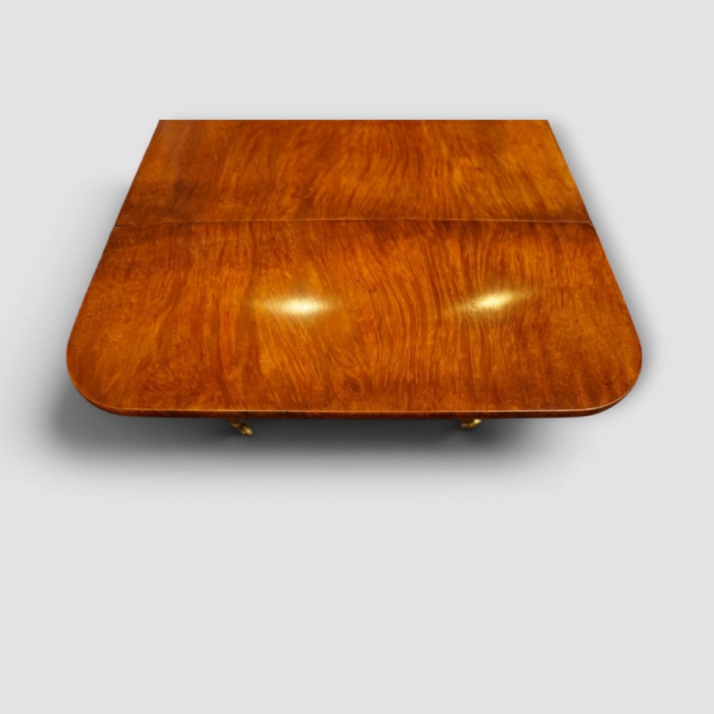 A Regency burr satinwood sofa table with drop leaves, two frieze drawers, brass handles, and splayed legs on castors. View XIII