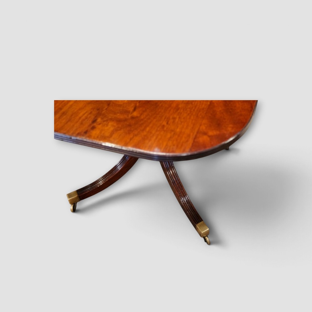 An extended mahogany twin pedestal dining table featuring a polished surface, rounded corners, reeded tripod legs, and brass castors. View VI