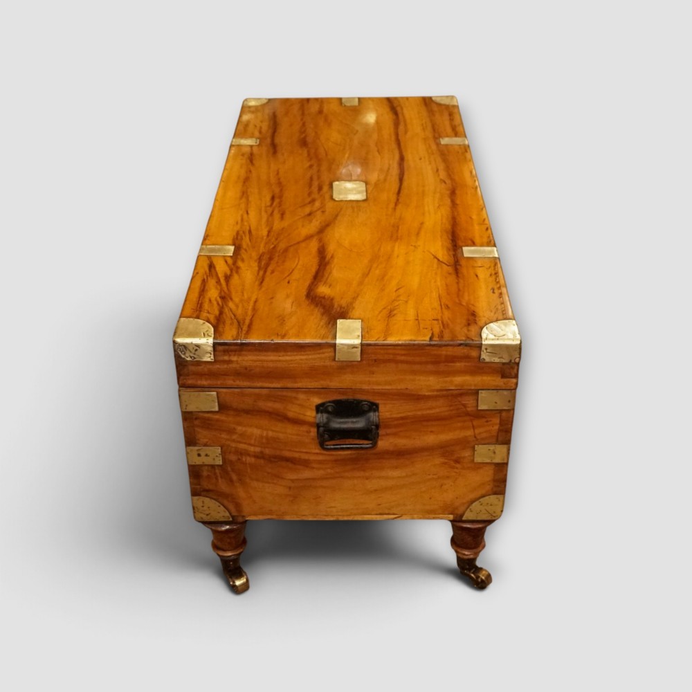 A low rectangular warm amber camphor wood campaign trunk featuring brass strap corners, flush brass handles, dual keyholes, and turned legs with castors. View VI