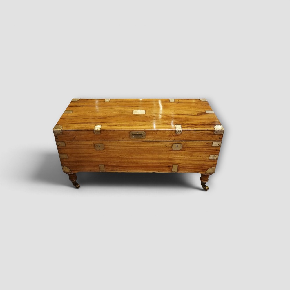 A low rectangular warm amber camphor wood campaign trunk featuring brass strap corners, flush brass handles, dual keyholes, and turned legs with castors. View VII