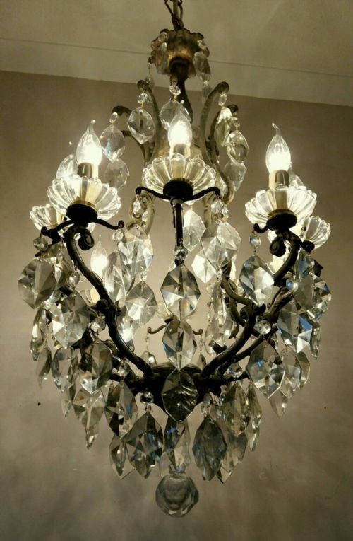 fig 1. French c1910 10 Arm Birdcage Crystal Chandelier Fully Restored