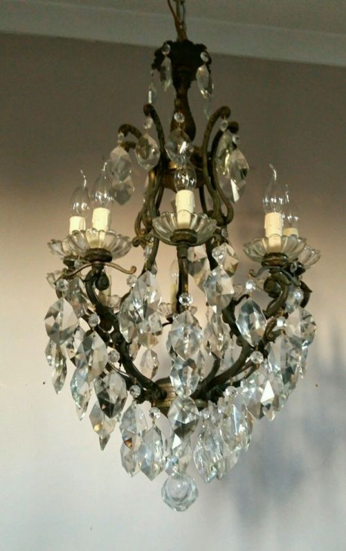 fig 3. French c1910 10 Arm Birdcage Crystal Chandelier Fully Restored