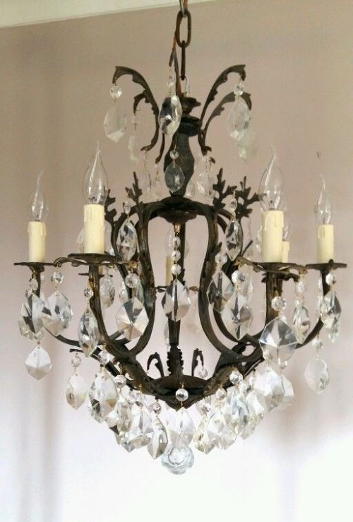 fig 1. c1910 French 7 Arm Birdcage Crystal Chandelier Fully Restored